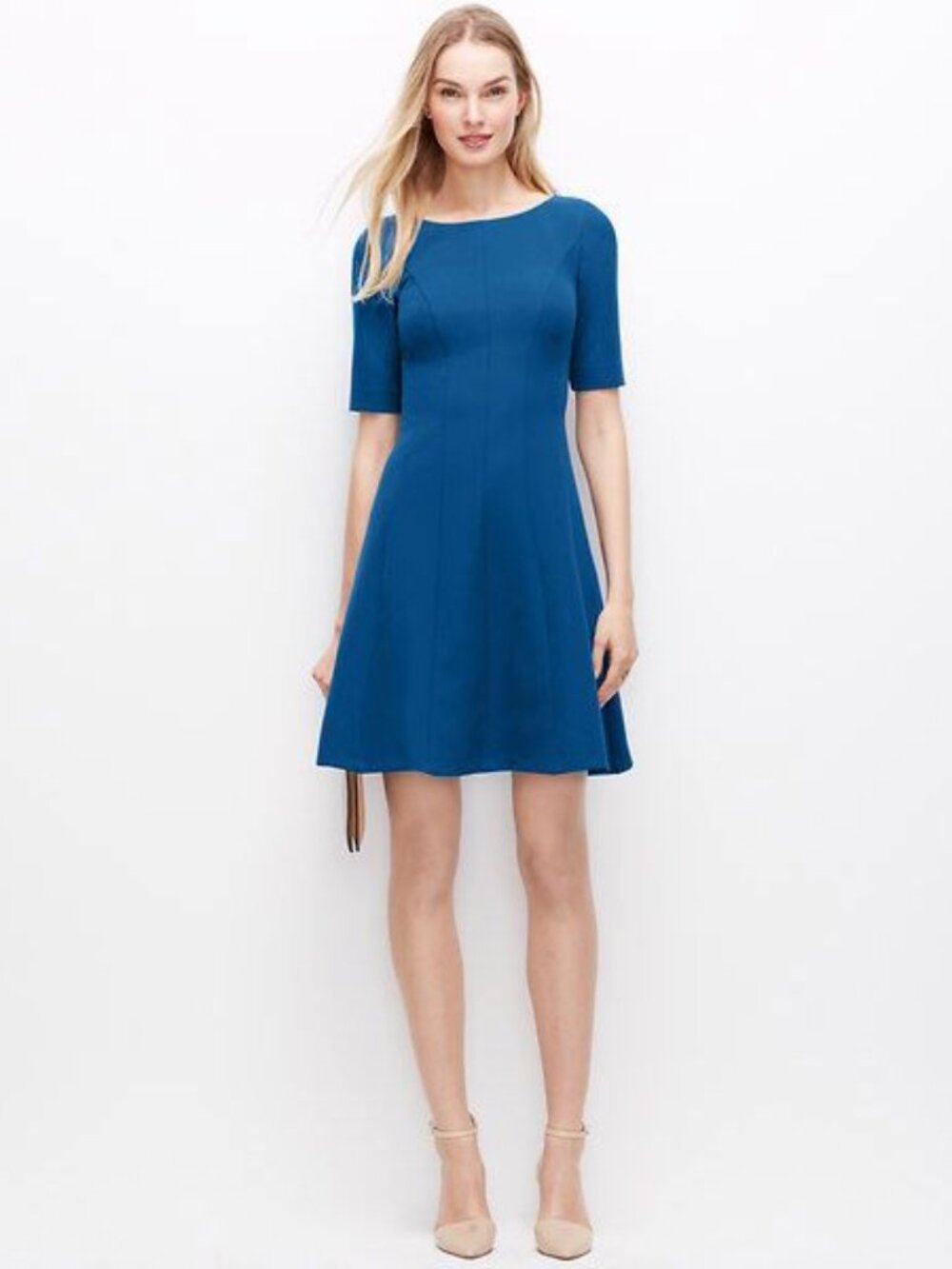 Ann Taylor seamed flare dress with elbow-length sleeves and scoop neck Sz 10
